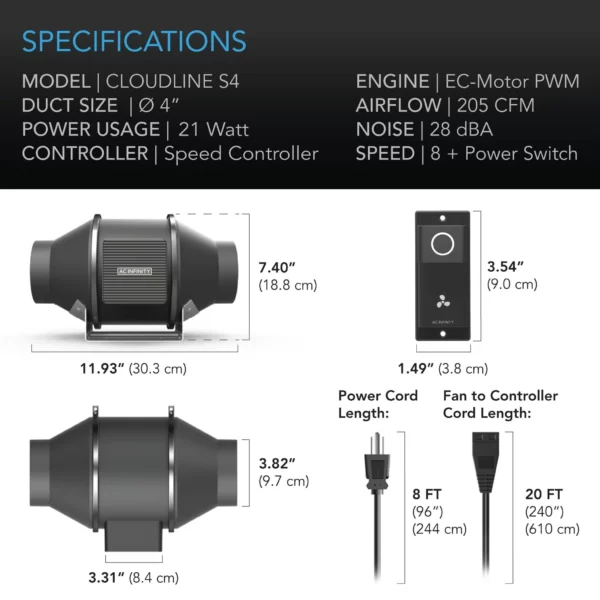 AC-Infinity Cloudline Pro S4, AC Infinity, Quiet Inline Fan + Speed Controller,  100 MM - Image 3